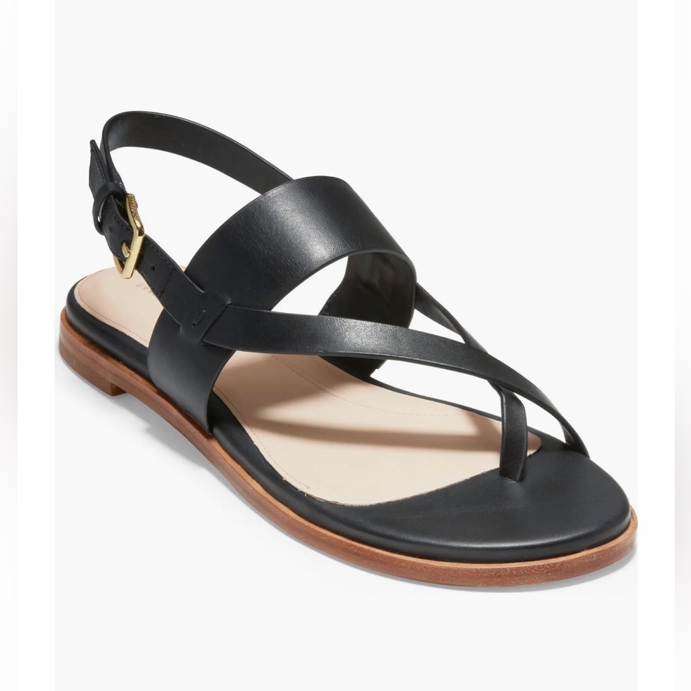 Cole Haan Anica Thong Sandal Black Cream Brown Leather Crisscross Buckle Sandals